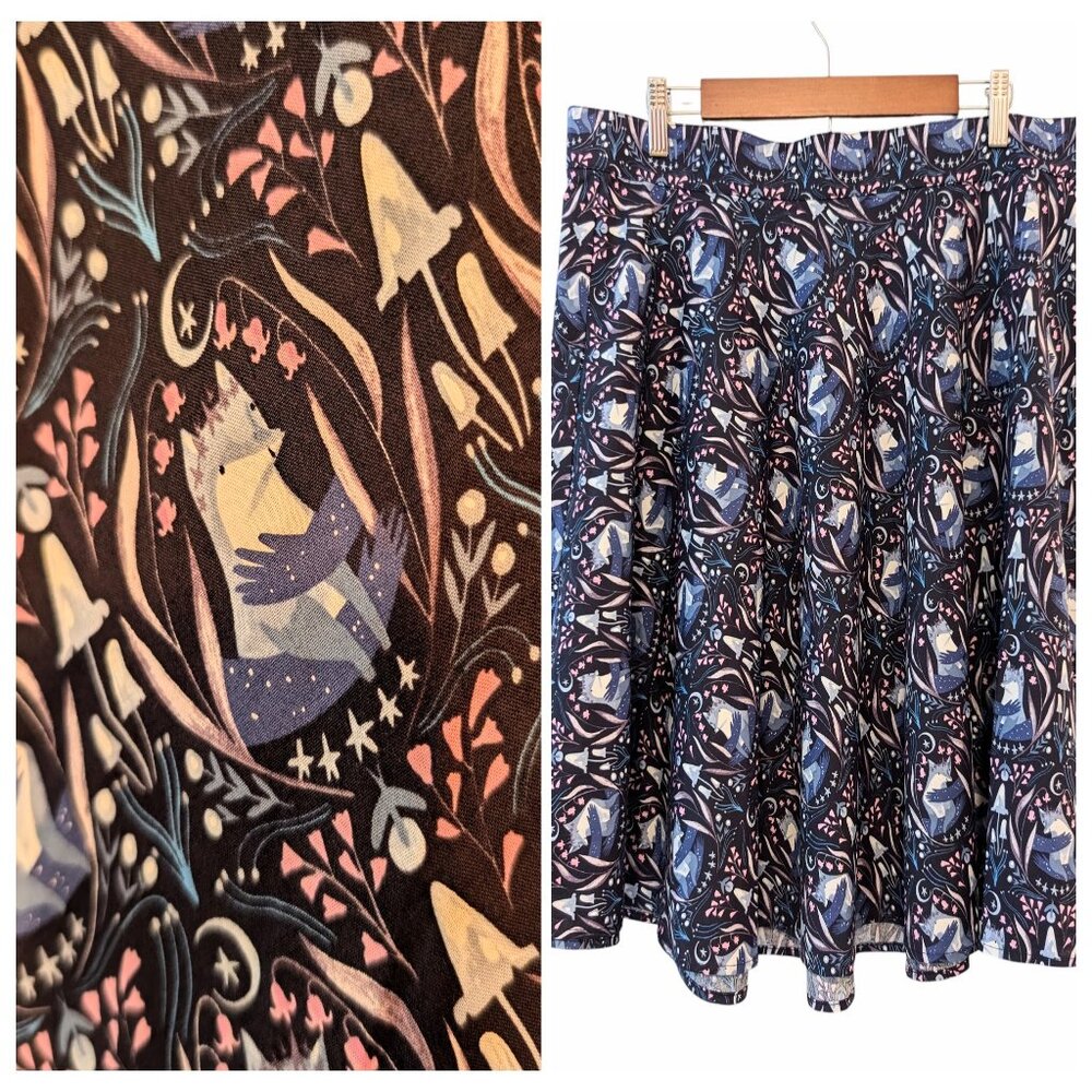 Retrolicious Womens NWT Size 1X Blue Grey Fox Print Cotton Circle Skater Skirt